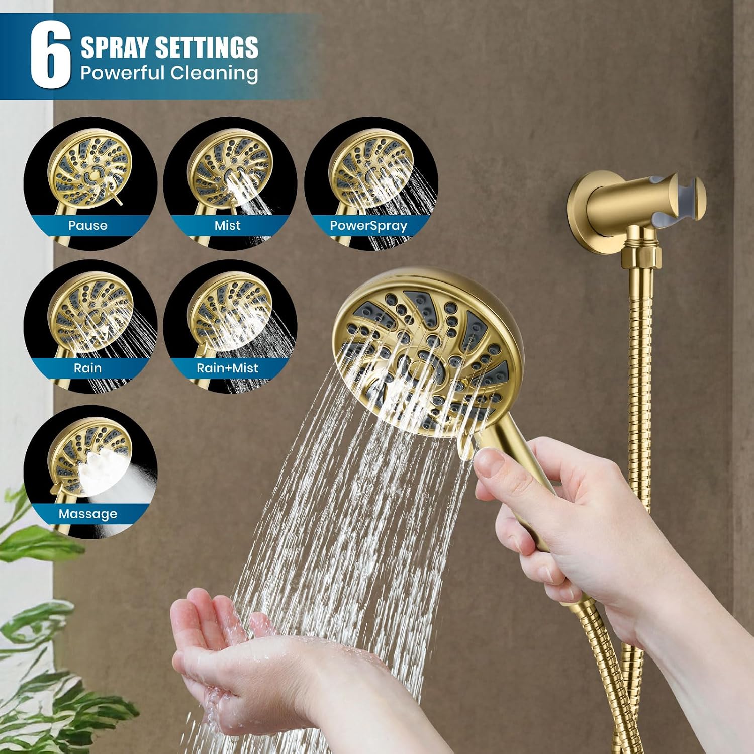 gotonovo Round Shower System 10 Inch High Pressure Rain Showerhead with 6-Mode Handheld Spray Wall Mounted Shower Faucet Set Trim Kit with Rough in Valve, Brushed Gold