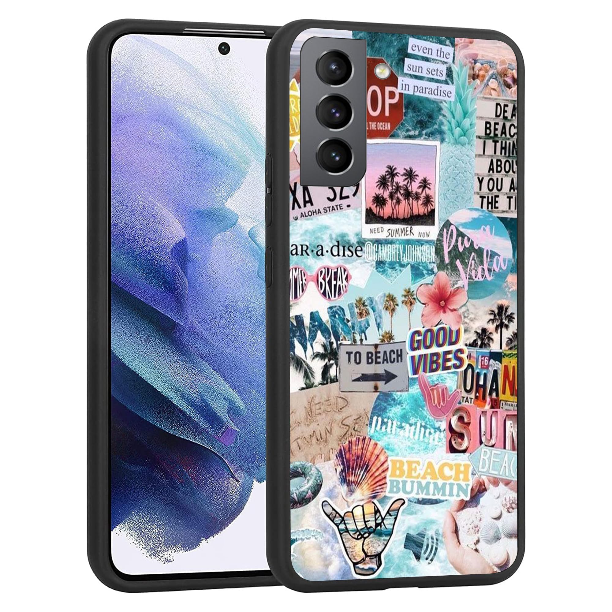 Compatible with Samsung Galaxy S22 Case - Vintage Vibe Collage Aesthetic Retro Beach Seashells Palm Slim Soft TPU Shockproof Protective Cover Case for