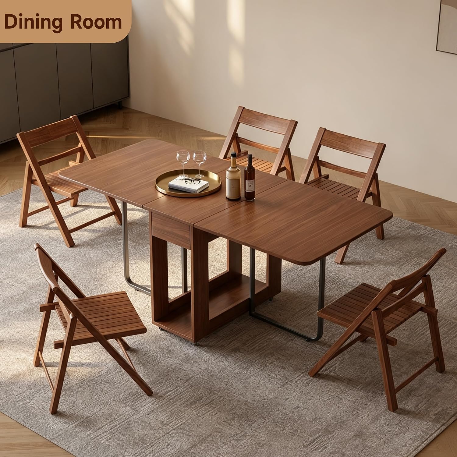 59" Drop Leaf Foldable Dining Table with Storage,Space Saving | Foldable Design, 300Lbs Capacity, 2 Storage drawers, Lockable Wheels, Movable, for Kitchen Living Room Small Spaces, Walnut