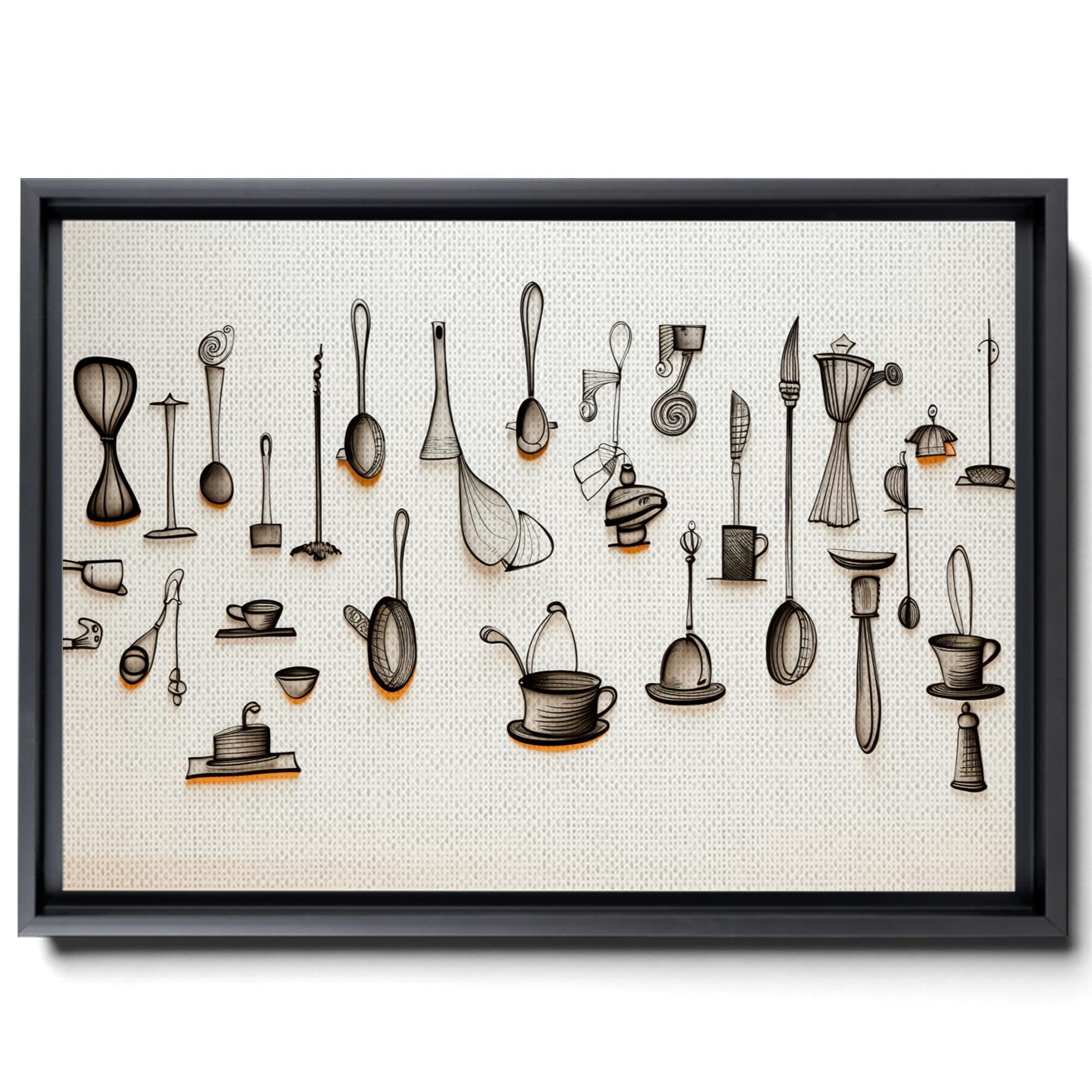 A Drawing Of Kitchen Utensils On A White Tile, In The Style Of Minimalistic Metal Sculptures, Bold, Cartoonish Lines, Minimalist Canvases, Sketchfab, Canvas Prints