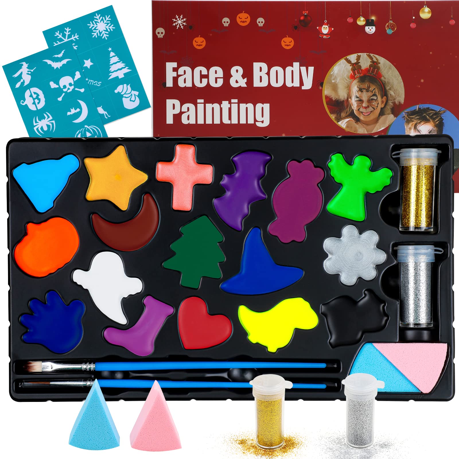 MooMoo Baby Face Painting Kit for Kids 17 Large Professional Face Paint for Halloween, 16 Stencils Body Paints Set Make Up Palette Skin Safe