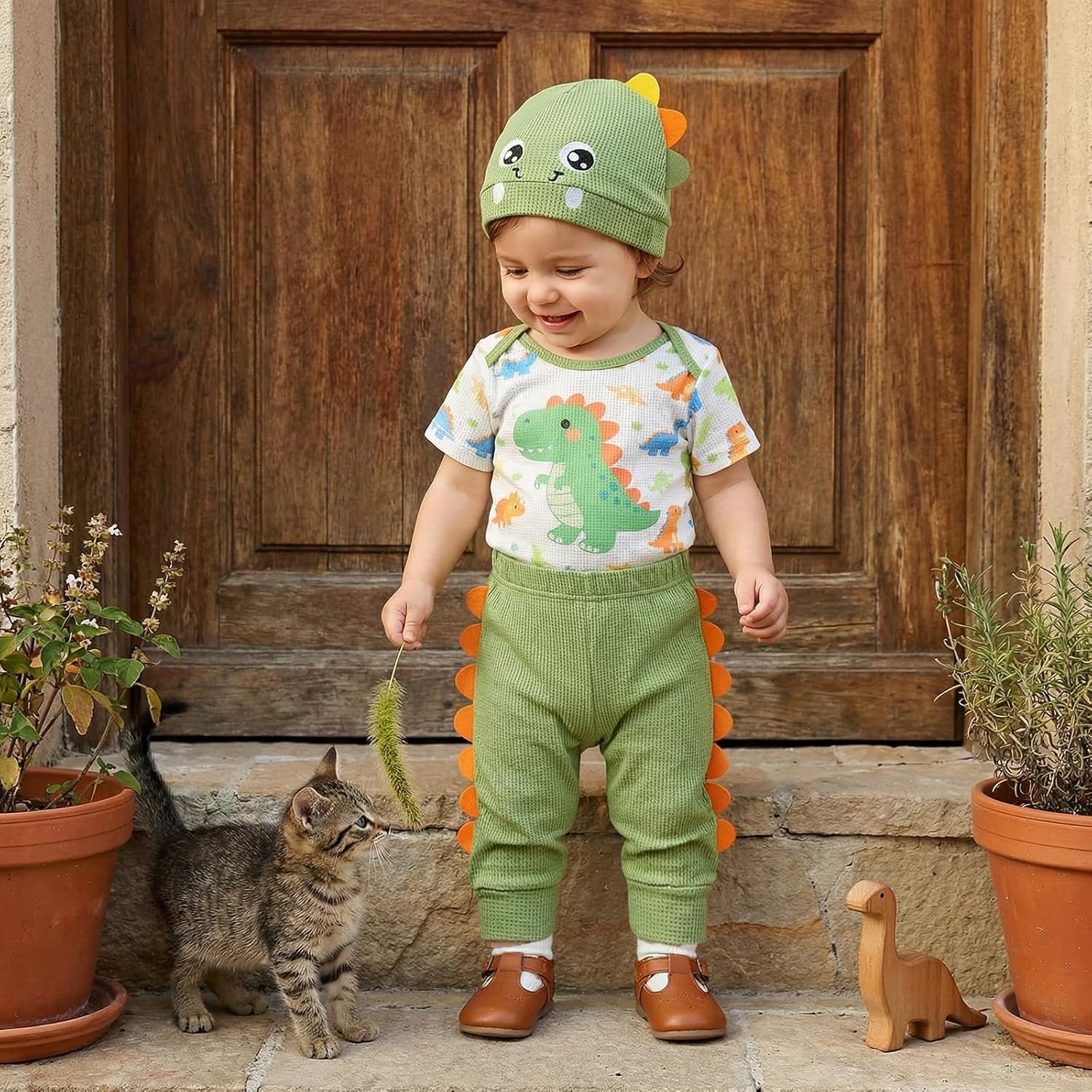 Lamuusaa Newborn Baby Boy Clothes 0 3 6 12 18 Months Short Sleeve Dinosaur Romper Waffle Long Pants Hat Summer Outfit - Image 3