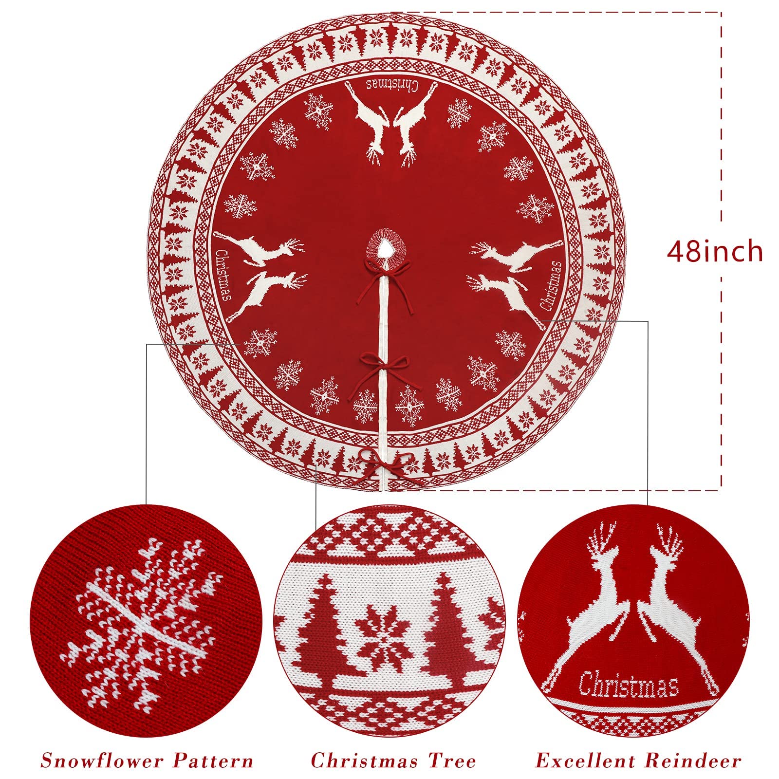 AerWo Christmas Tree Skirt, 48 Inch Large Rustic Christmas Tree Skirt with Snowflake and Reindeer, Red Knit Xmas Tree Skirt Christmas Decorations, for Indoor Holiday Party Christmas Tree Decoration