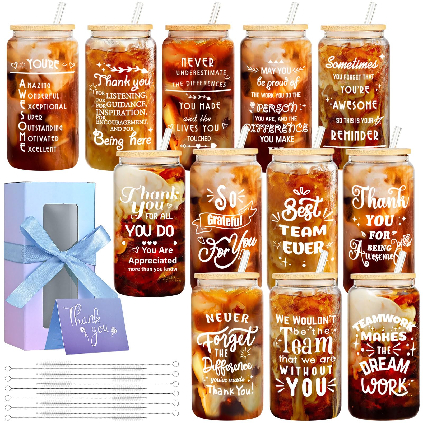 OLSUNOR 12 Set Employee Appreciation Gifts Bulk, Personalized Inspirational Thank You Gifts for Christmas Staff Coworker 16 oz Can Shaped Beer Glass Cups, Gift Box and Card for Team Women Men Nurse