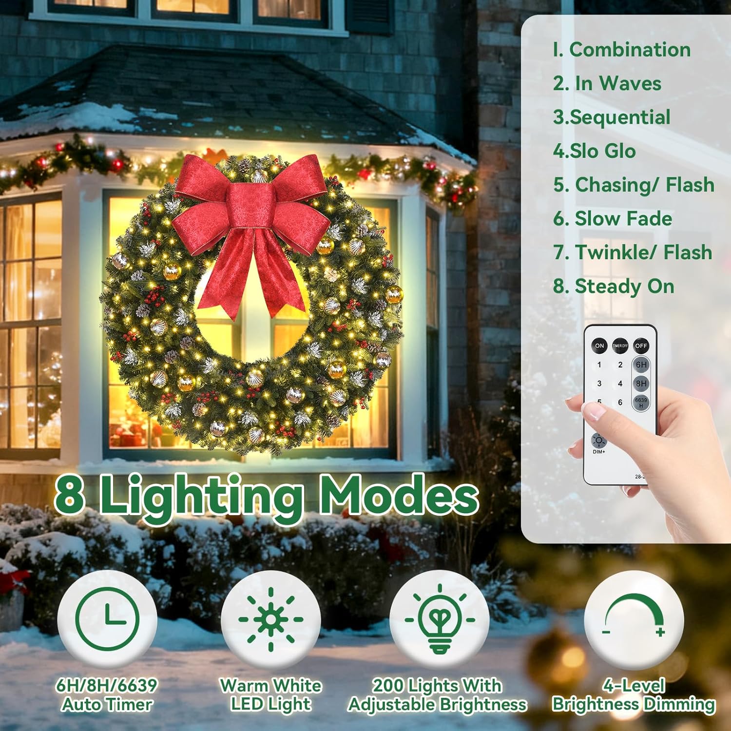 Christmas Wreath - 48inch Large Prelit Outdoor Christmas Wreath with Lights 200led, Bow, Pine Cones, Ornaments Balls - 512 PVC Branch Tips Artificial Xmas Wreath for Garages Walls Mantel Frosted Christmas Green 48inch