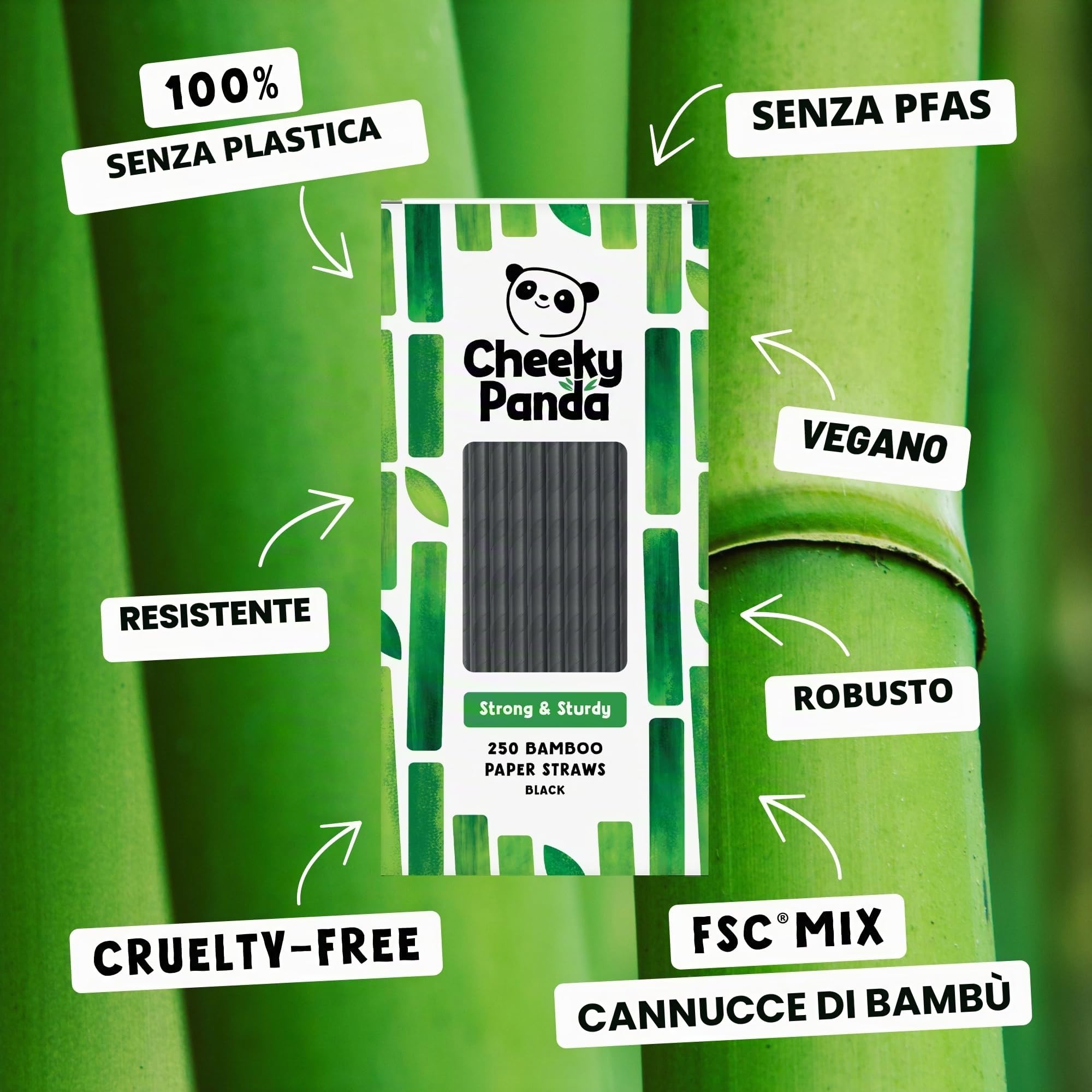 The Cheeky Panda Cannucce Nere di Bamboo | 250 Pezzi | 200mm