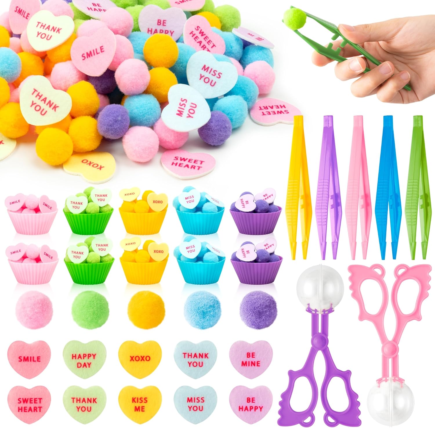 EZdhuawuse Summer Sensory Bin Fillers - 268P Summer Bunny Fine Motor Toys Rabbit Counting Sorting for Kids, Counting Toy with Shiny Bunny Pom Poms Cup Clip for Preschool Education Activities