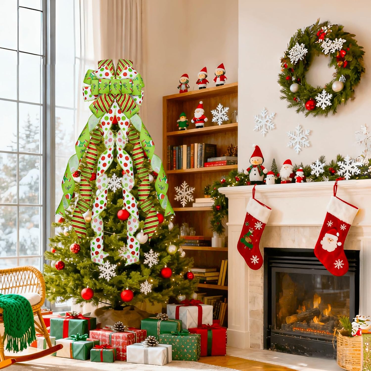 Christmas Tree Topper 48" x 13", Red Large Velvet Bow with Long Streamers, Wired Edge Decorative Bow for Wreath Door Holiday Party Festival Xmas Decoration Supplies-Green - Image 4