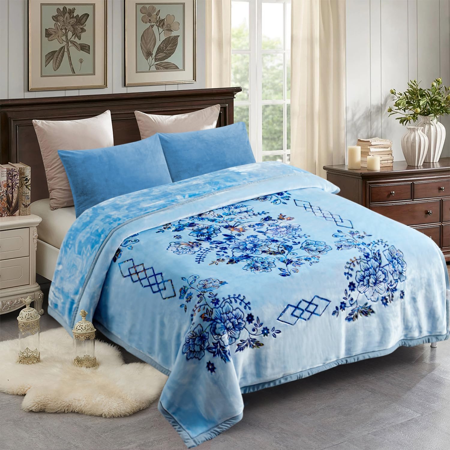JML Korean Style Mink Blanket Heavy King Size 87" x 94", 10.5 Pounds Plush Fleece Blankets for Winter- Silky Soft and Warm, 2 Ply A&B Printed Embossed Raschel Bed Blanket (Flowers Branches Blue)