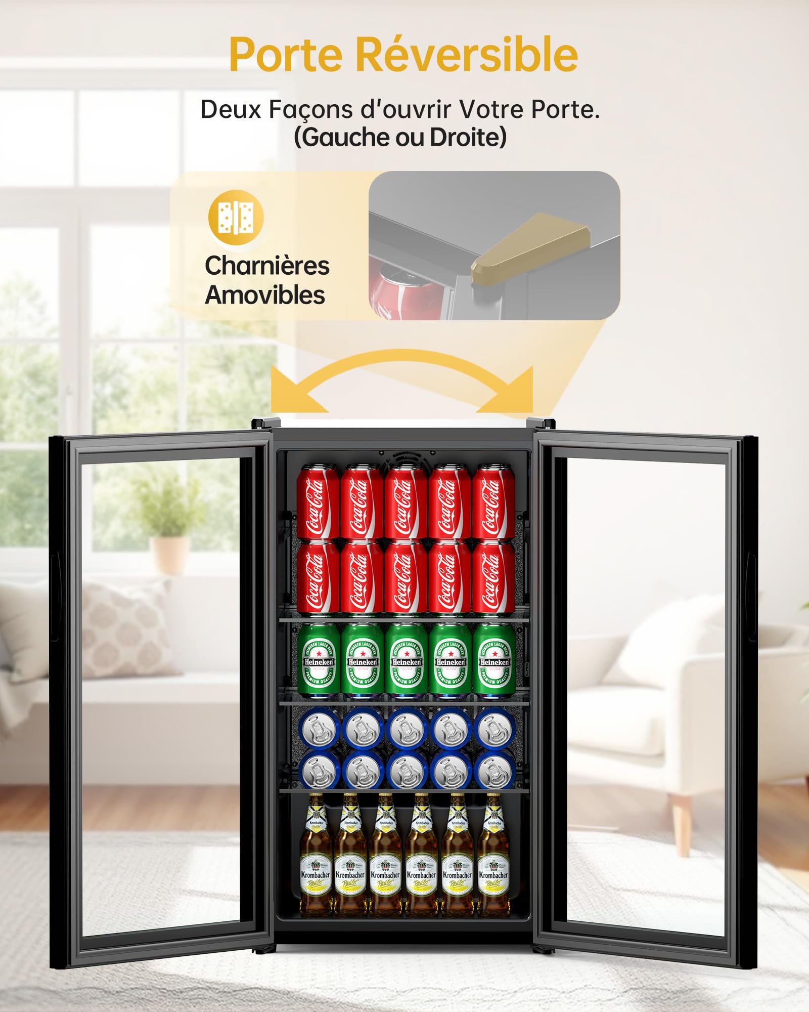 WIE Réfrigérateur Pour Boissons, Mini Frigo 83L Petit Frigo Silencieux de 0-10°C, Mini Bar Intérieur, Pour Salle de Jeux, Fête, Noir