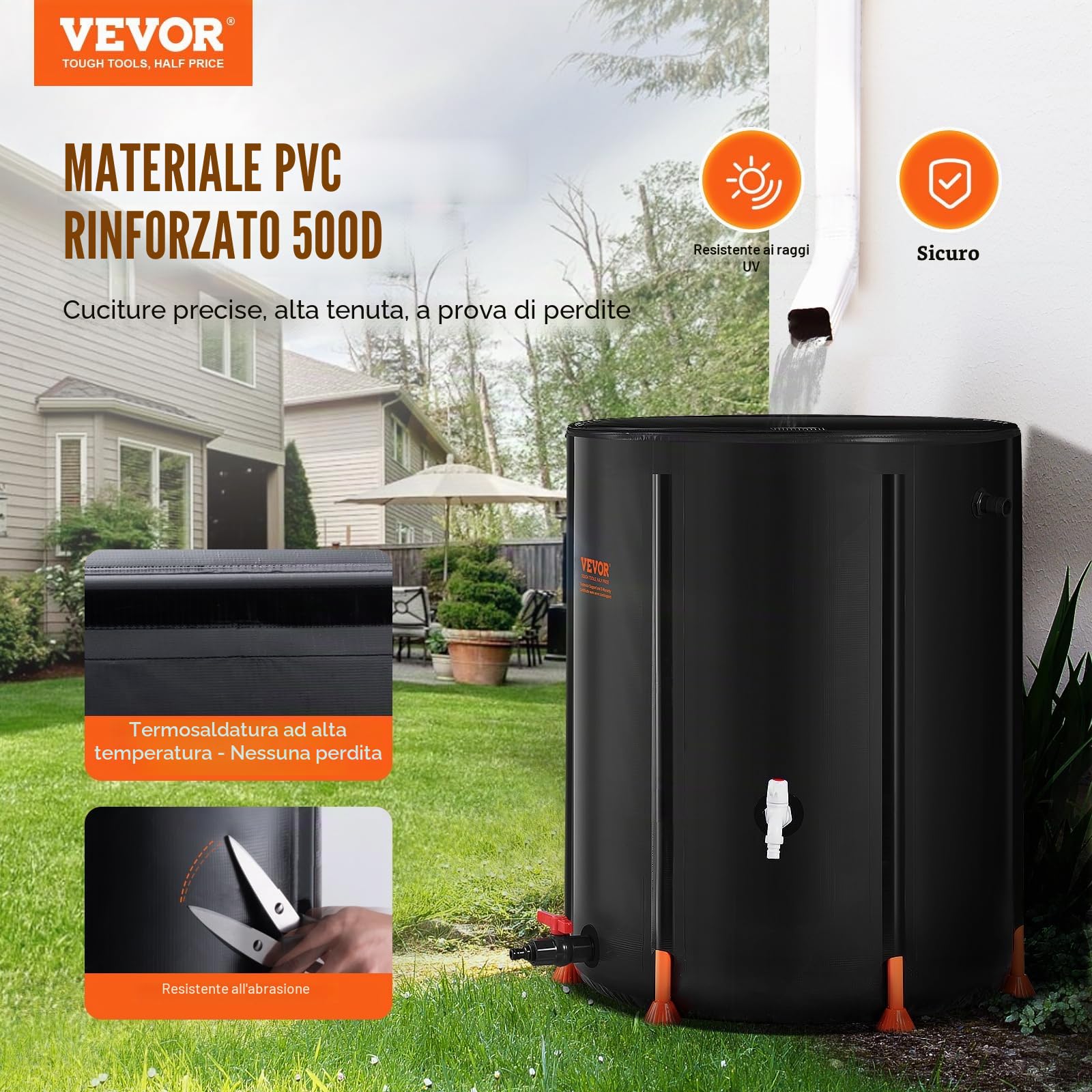 VEVOR Barile per Pioggia Pieghevole 68 x 60 x 90 cm Barile Portatile per Raccolta Acqua Piovana 250 L Sistema Raccolta Acqua Piovana con Rubinetti, Barile Acqua per Raccoglitore d'Acqua da Giardino