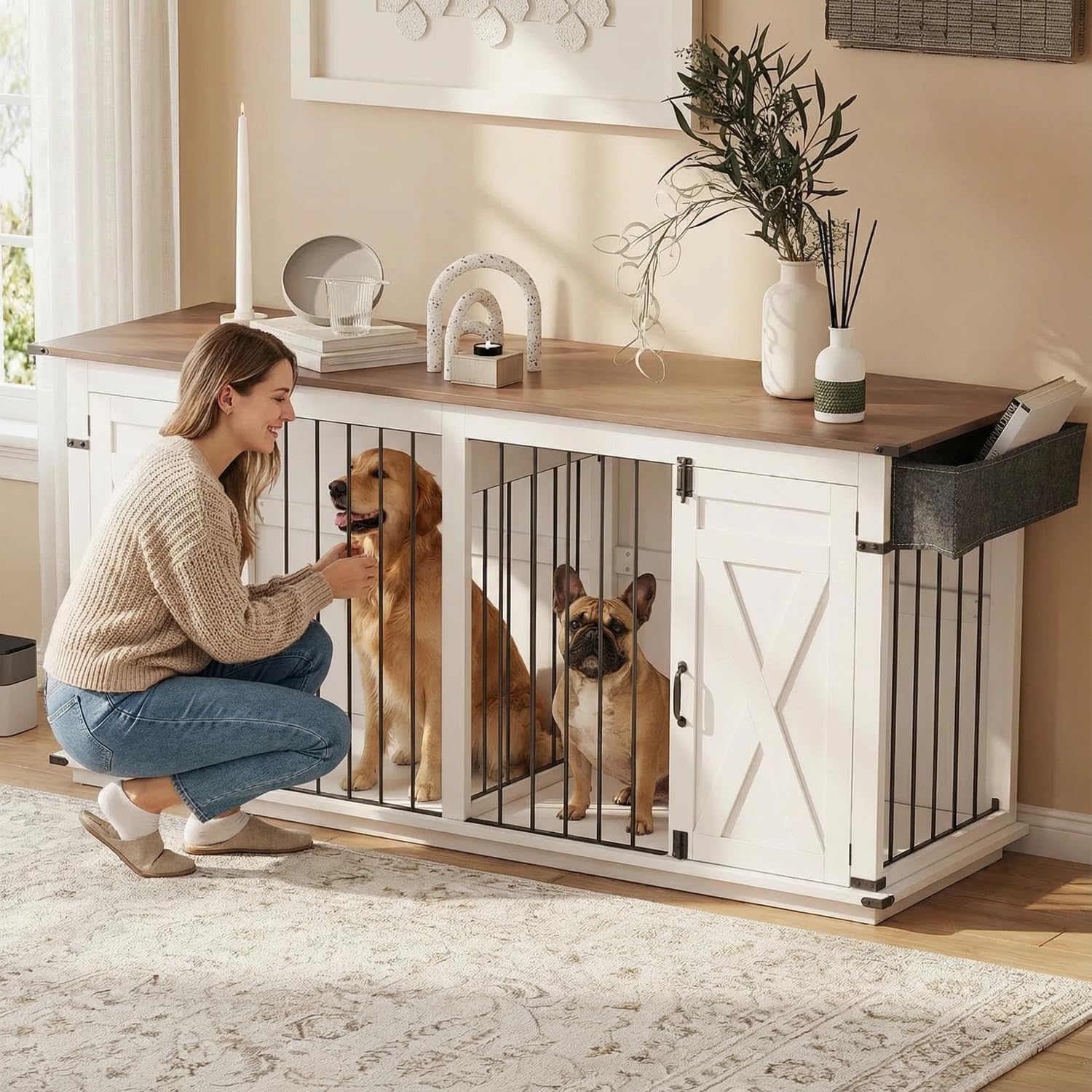 72.4" Double Dog Cage Furniture Large Indoor Wooden Dog House with Dividers TV Stand-Style Kennel 2 Doors Furniture-Style Pet Cage Designed for 2 Dogs （White）