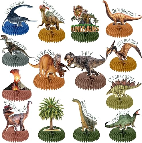 Aoriher 14 piezas de centro de mesa de dinosaurio con forma de panal de abeja, decoraciones de fiesta de cumpleaños de dinosaurio, decoración de