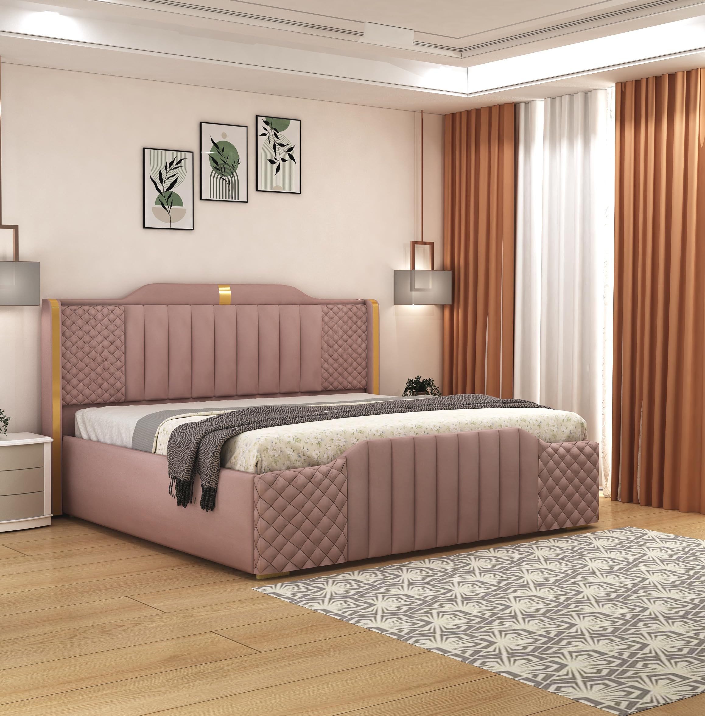 SABTA Modern Upholstered King Size Bed with Storage | Double Bed with Box Storage & Upholstery Premium Fabric Headboard | Platform Bed for Bedroom & Hotel | Sheesham Wood, Onion Pink | 6.5 x 6 Ft-image-48