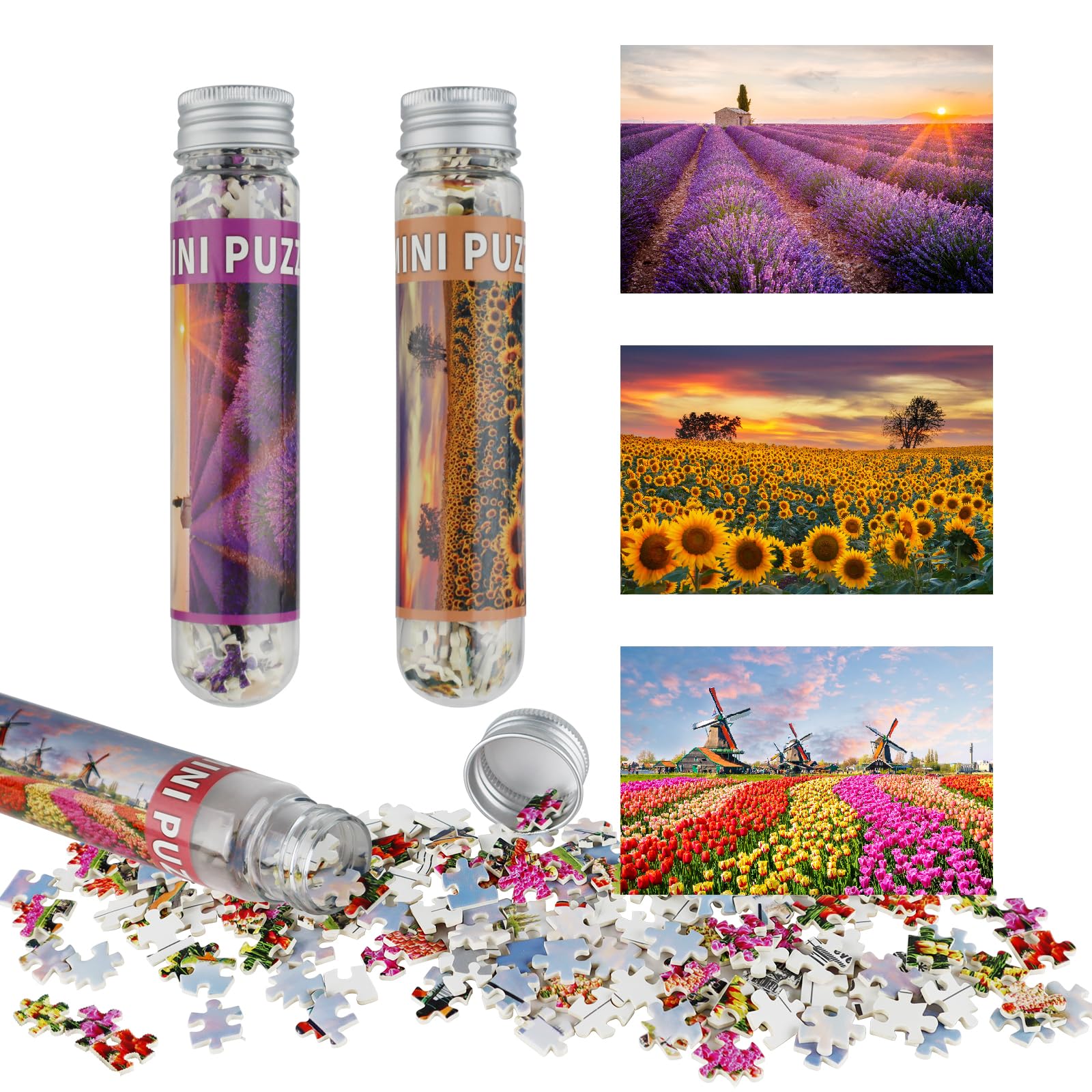 MISITU Small Jigsaw Puzzles for Adults Mini Puzzles 150 Pieces Micro Pieces Small Puzzle Challenging Difficult Puzzles Travel Puzzle Lavender Tulip Sunflowers Jigsaw Puzzle 6 x 4 inch 3 Pack