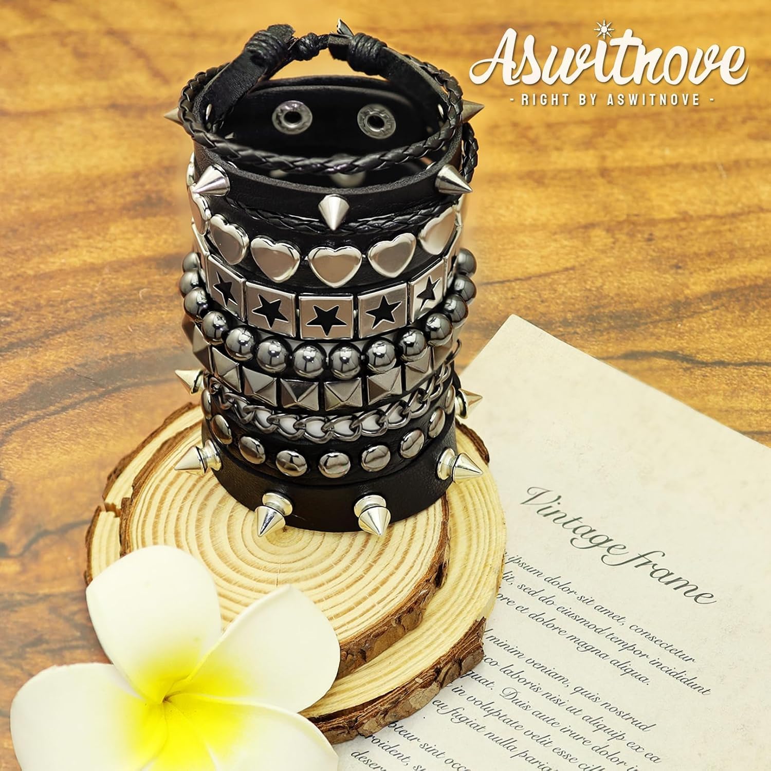 6 Pcs Punk Rock Spiked Studded Bracelets Set for Women Men 80s Alt Gothic Grunge Emo Bracelets Accessories Retro Beaded Star Y2K Cuff Bracelet PU Snap Button Wristband for Rocker Outfits