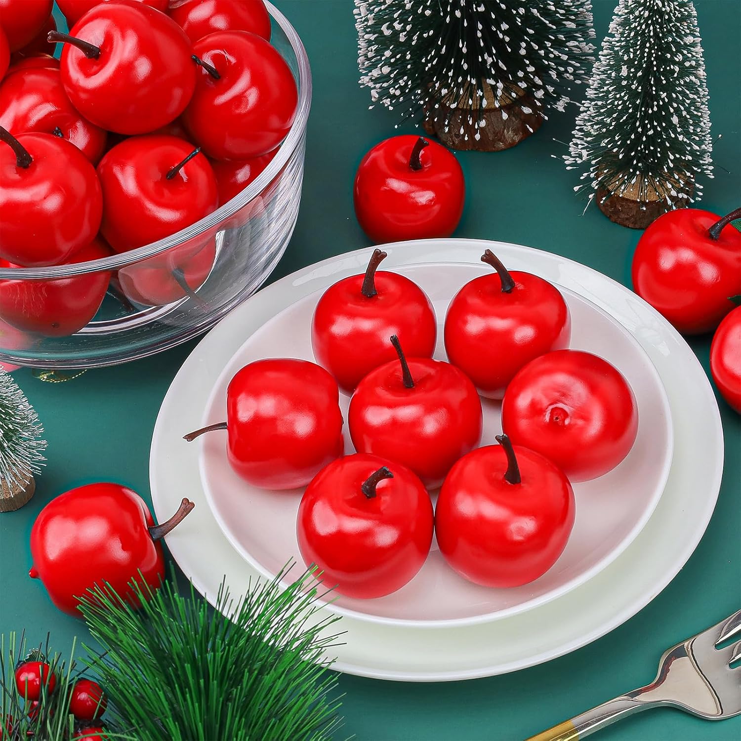 27 Pcs Mini Artificial Apples,1.5 Inch Small Fake Red Apples for Decoration,Decorative Fake Fruit for Home Kitchen Festival Party Christmas Ornament