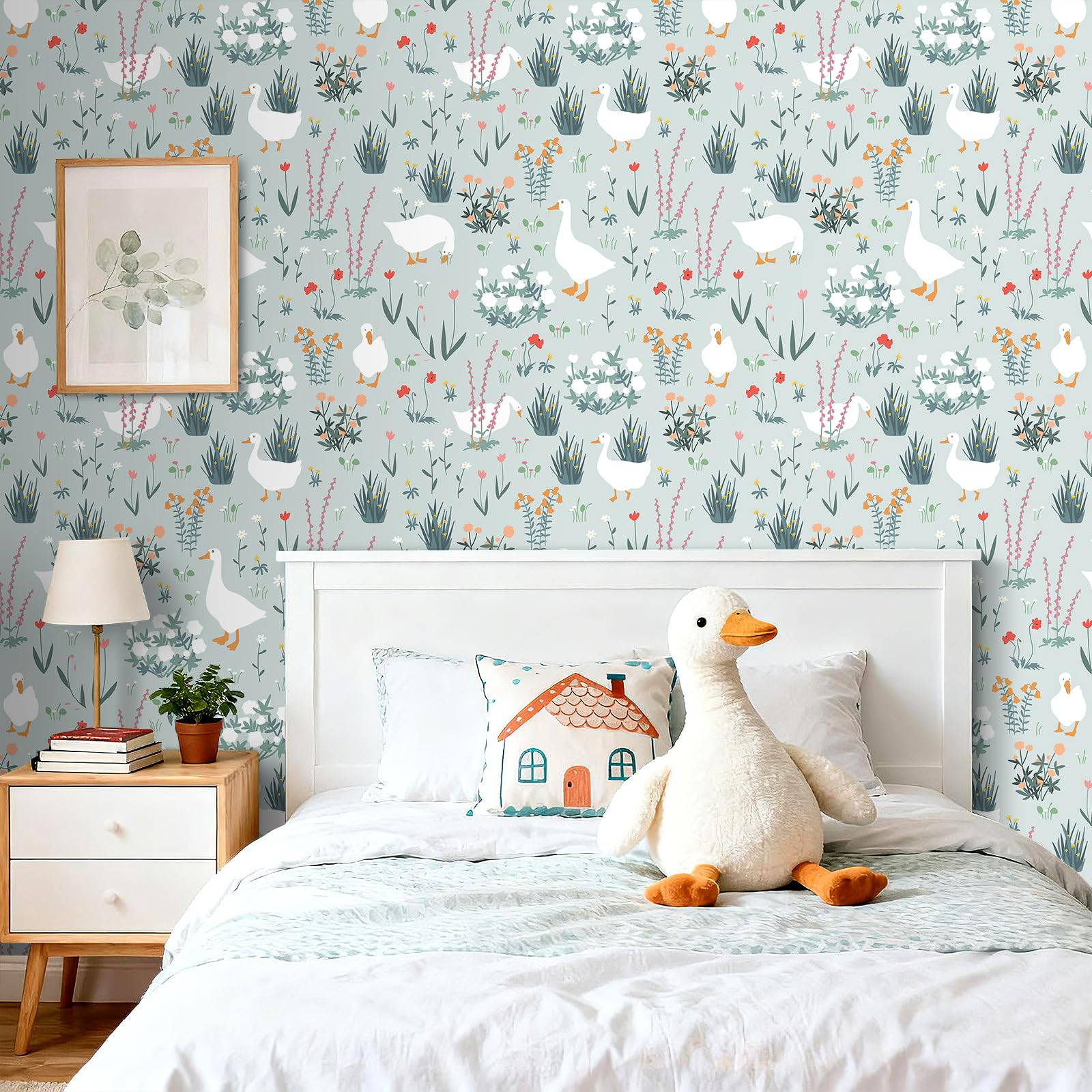 FunStick 44.5CMx9M Papel Pintado Autoadhesivo Botanico Vinilo Adhesivo Flores Pequeñas Verde Azul Revestimiento Pared Gansos Blancos en Los Prados Papel Adhesivo para Habitación Baño Verde Pálido Azul