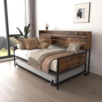Daybed with Trundle, Farmhouse Sofa Bed Frame with Charging Station and LED Lights, Height Adjustable Twin Daybed with Storage Headboard, for Living Room, Bedroom and Guest Room, Brown