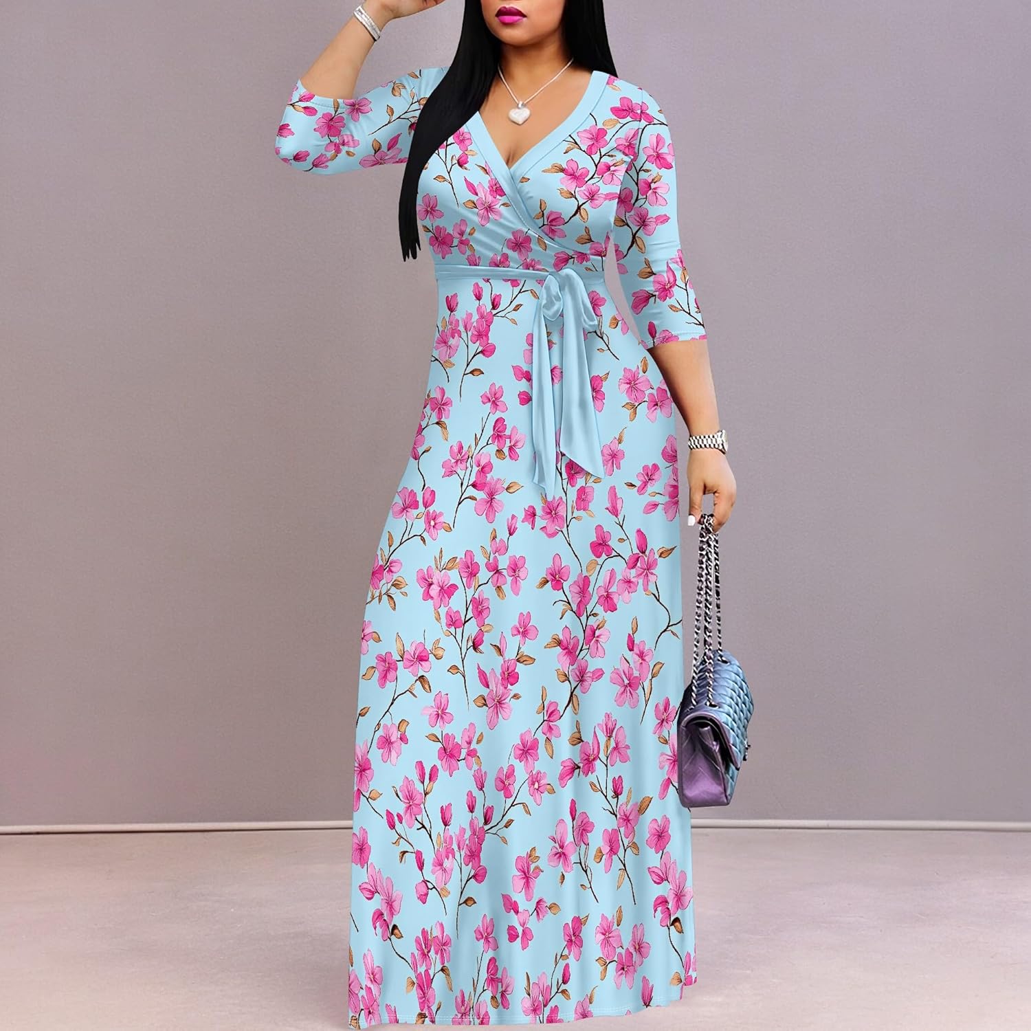 PinkPatty Plus Size Dresses for Women Casual Flowy Dress 3/4 Sleeve V Neck Wrap Dress - Image 5