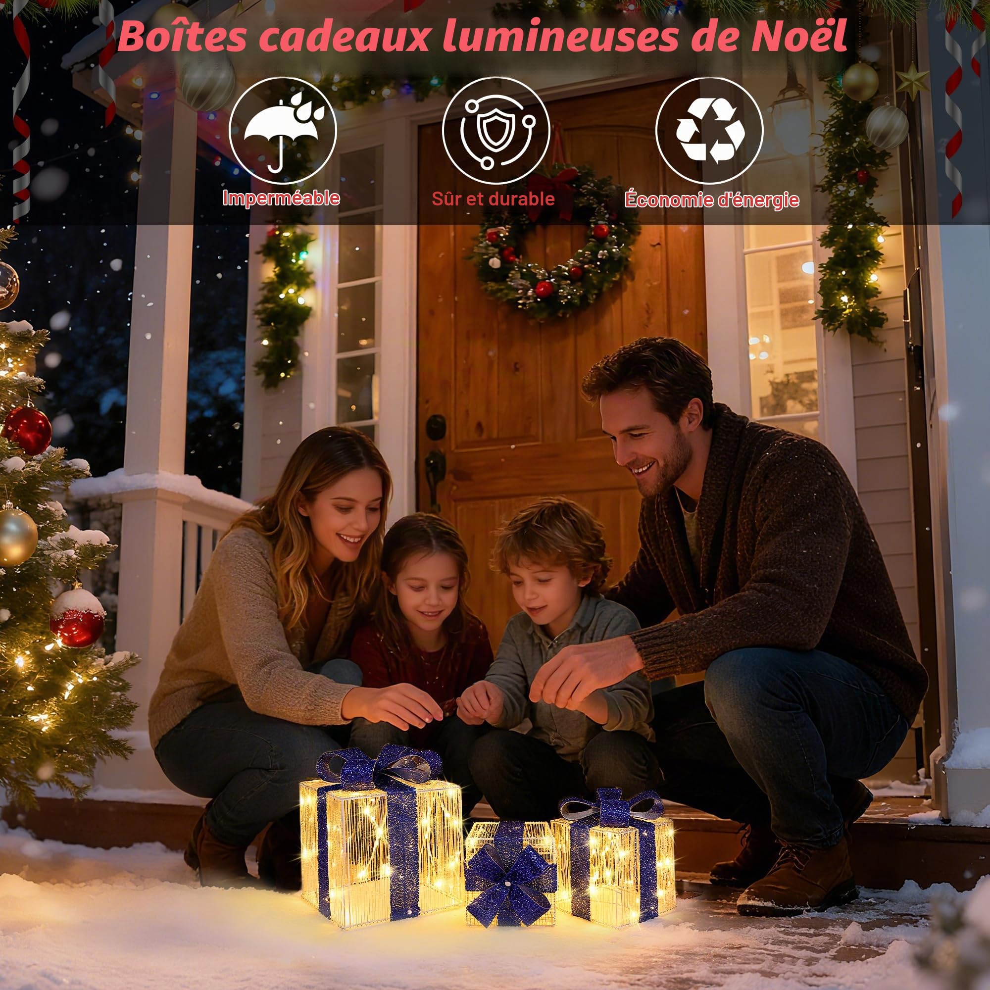 iBaycon Coffrets Cadeaux Lumineux De Noël,Blanc Chaud Lot De 3 Bleu | 140 Leds Coffrets Cadeaux Avec Minuterie Prise de Courant,Décorations De Noël ,Éclairage d'Extérieur Jardin Pelouse Cour