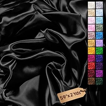 Satin Fabric by The Yard, 59" x 2 Yards, Silky Charmeuse Satin, Black | 6-Ft Smooth Charmeuse Fabric, Soft Shiny Polyester Satin Material for Wedding Decor, Sewing Draping, DIY Crafts, Dress Making