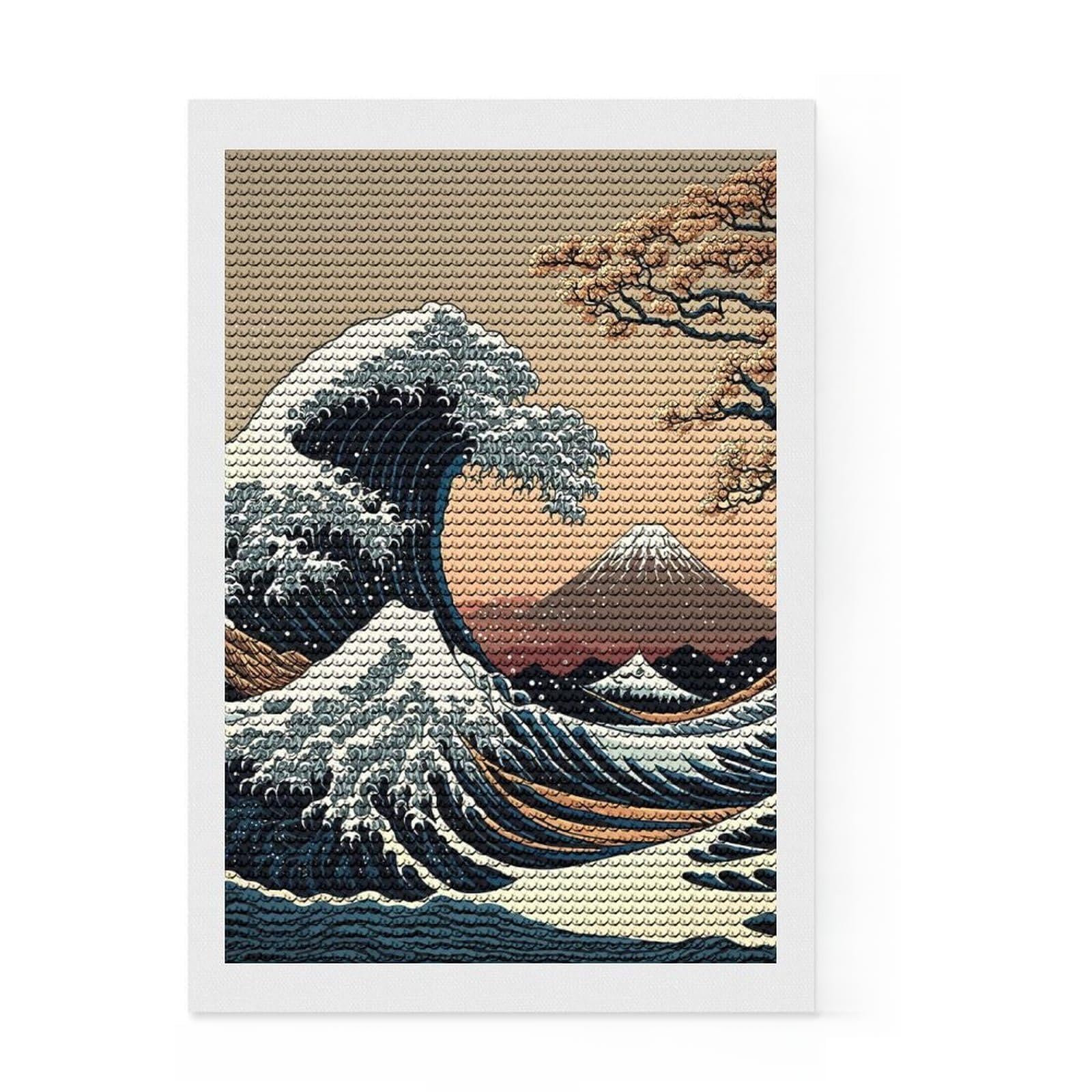 Junmoney Sea Wave Japanese Art 2 Diamond Painting Kit 8"x12", Stress Relief Craft, Neat Printed Canvas, Boho Decor, Festive Craft Gift