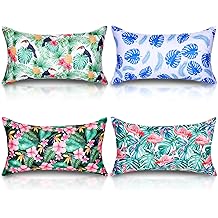 Hollowfly 4 PC Inflatable Beach Pillows with Covers, Portable Blow up Travel Camping Pillows for Hawaii Tropical, Pool Vacation Accessories(Tropical Leaves)