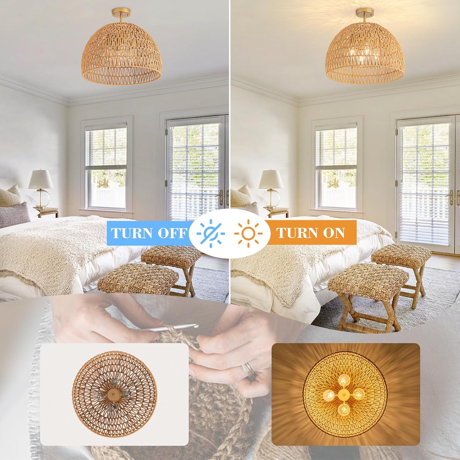 4-Light Rattan Ceiling Light, 20" Semi Flush Mount Boho Light Fixture with Hand-Woven Ratan Shade, Farmhouse Rattan Chandelier Wicker Light Fixture for Kitchen Bedroom Living Room Hallway