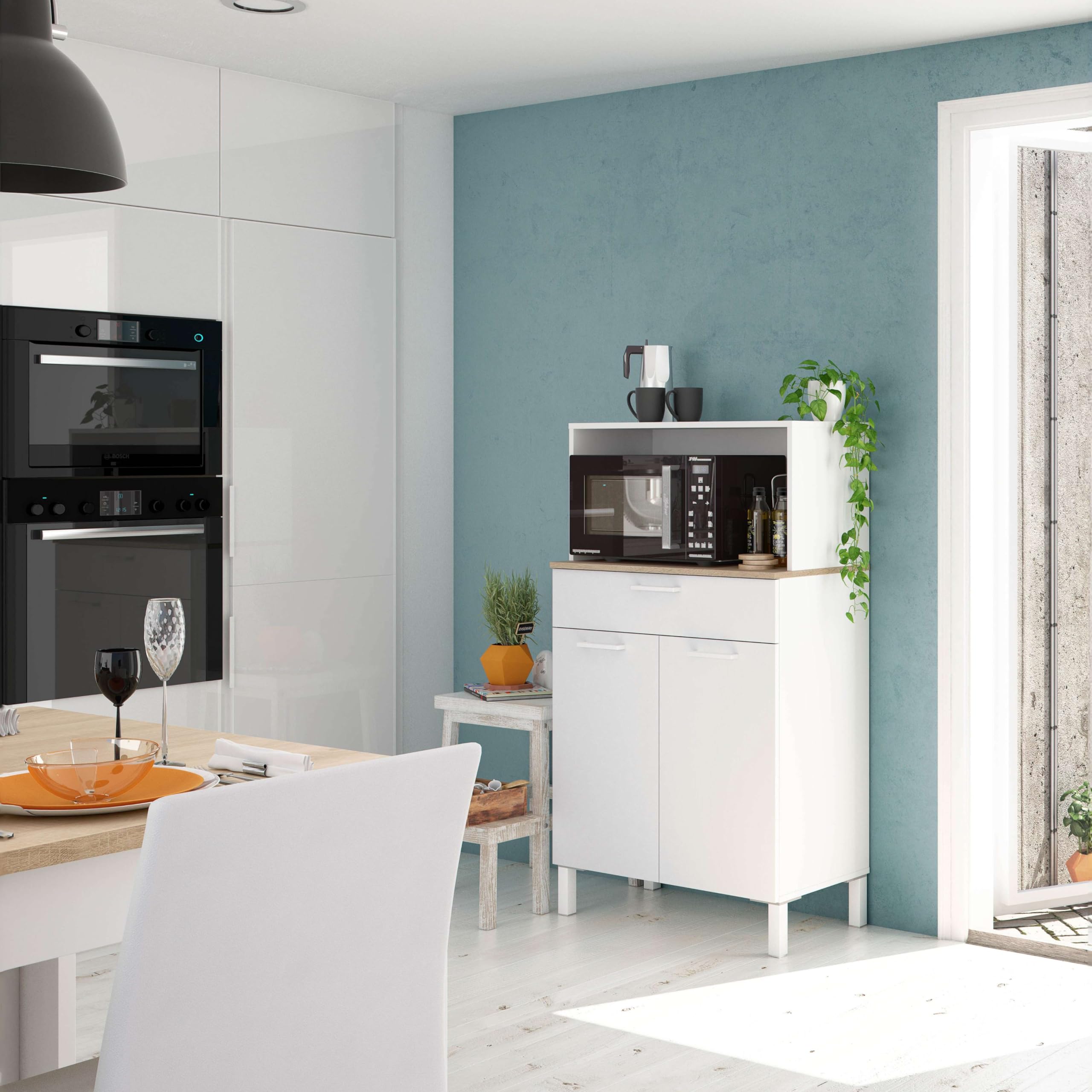 Habitdesign Mueble Auxiliar Cocina 2 Puertas + 1 Cajón, Modelo Kira, Acabado Blanco Artik y Roble Canadian, Medidas: 126 cm (Alto) x 72 cm (Ancho) x 40 cm (Fondo)