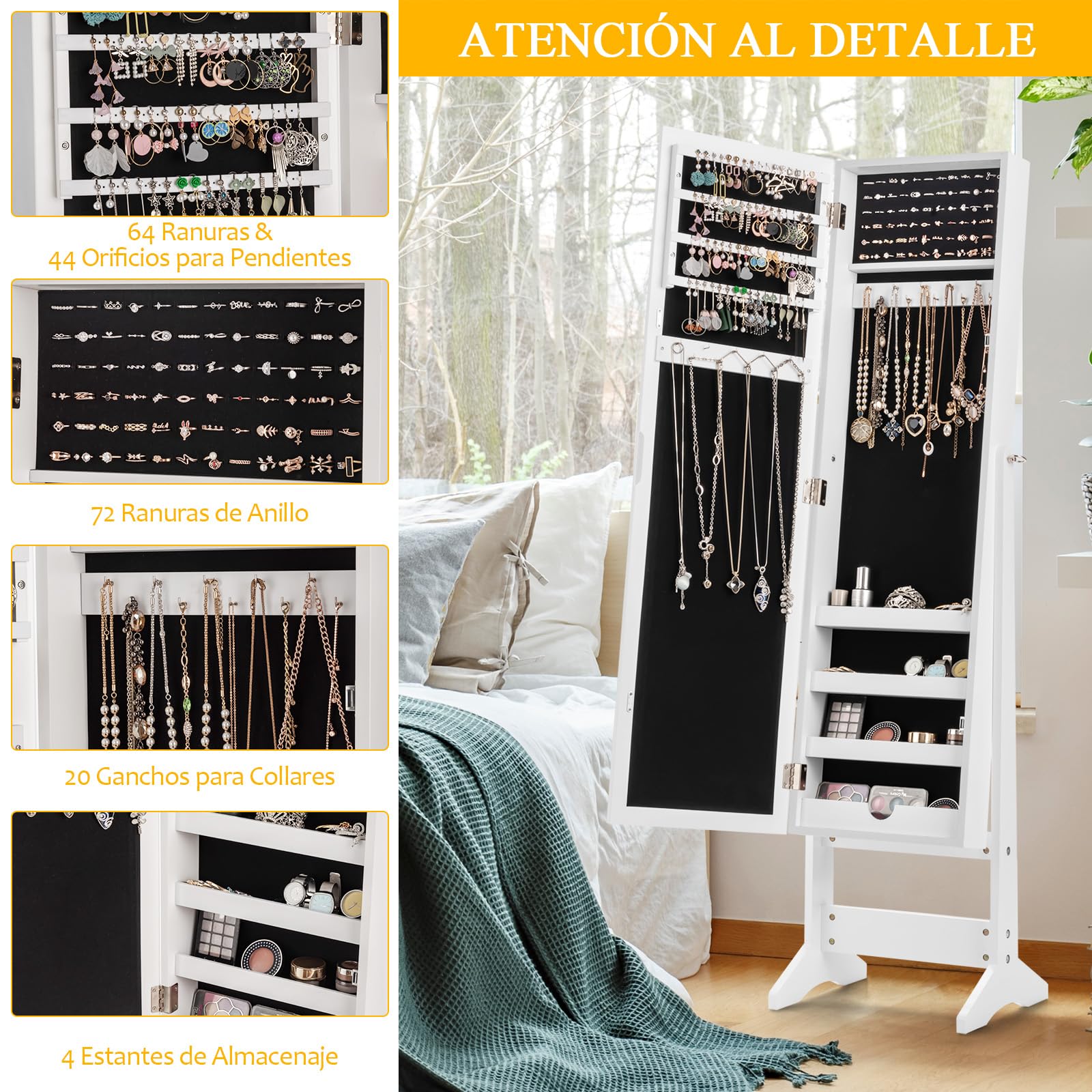 RELAX4LIFE Armario para Joyas con Patas, Joyero con Espejo de Cuerpo Entero Ajustables en 4 Ángulos, Organizador de Joyas con Puerta Magnética para Pendientes, Collares y Anillos (Blanco)