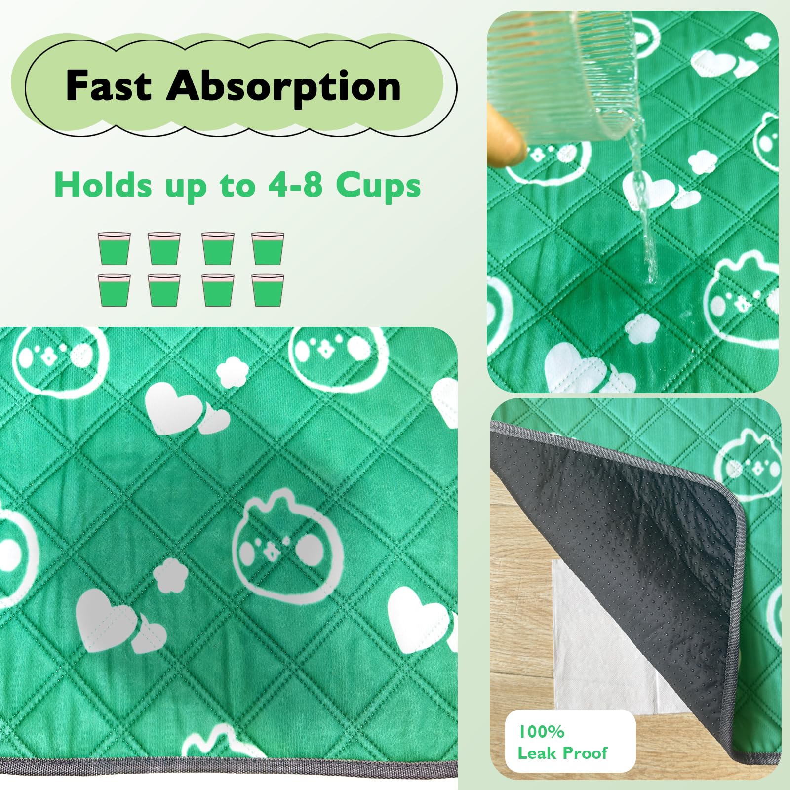 Lot de 4 tapis lavables pour cage de cochon d'Inde, imperméables, réutilisables et antidérapants, super absorbants pour petits animaux, lapin, hamster, rat (vert, 61 x 45,7 cm)