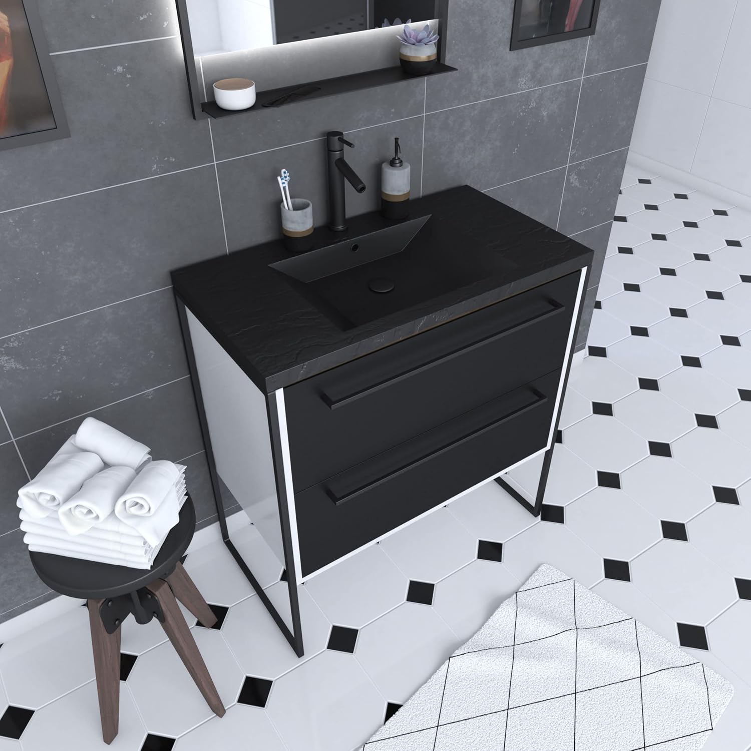 Bathroom Cabinet 80 x 50 cm White – 2 Drawers Matt Black Resin Stone Effect