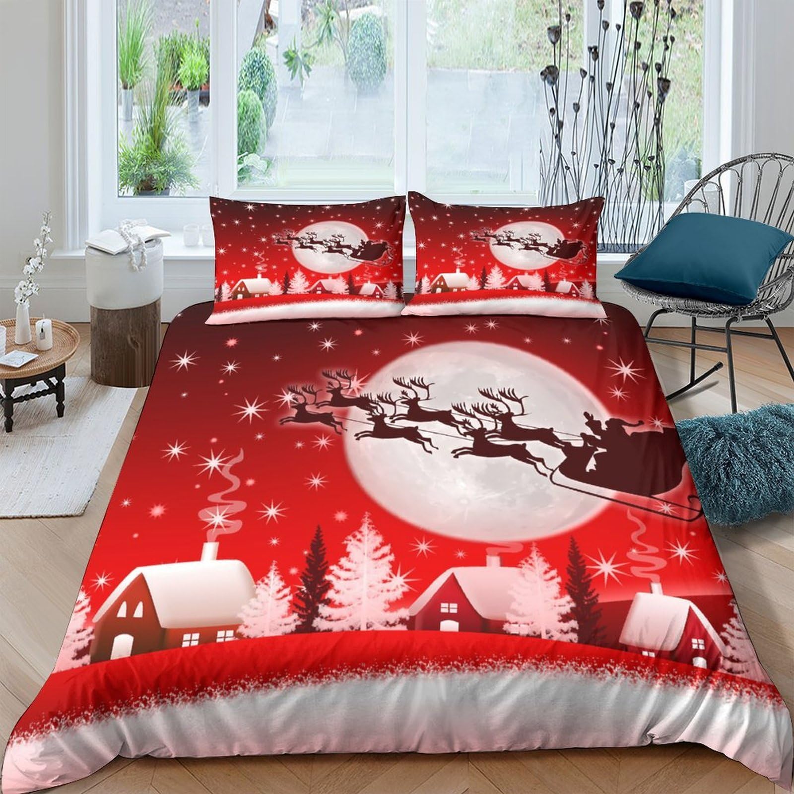 Ctjqhvkz Style-10 3D Printed Christmas Moon Night Fitted Sheet Microfiber Red Santa Sleigh Bed Cover For Bedroom Guestroom Decor Single（135X200cm）