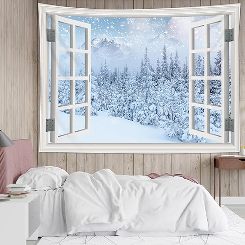 Miniatura 1 de LB Tapiz de bosque de invierno, árbol de pino de Navidad con copo de nieve y ventana blanca para dormitorio, paisaje de montaña, tapiz colgante de