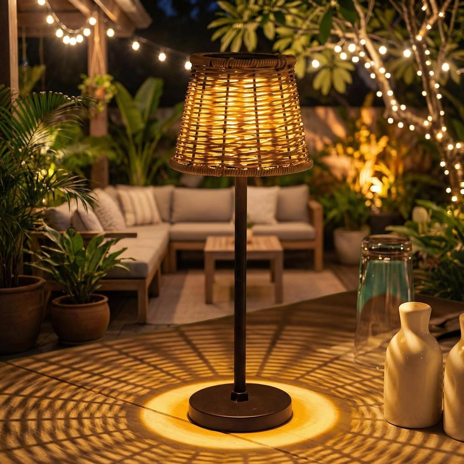 VIHOSE Solar Outdoor Floor Lamp Rattan Wicker Lights for Outside Waterproof Boho Table Lamps with Metal Base for Garden, Yard, Patio, Lawn Outdoor Decor Indoor Bedroom Living Room Desk