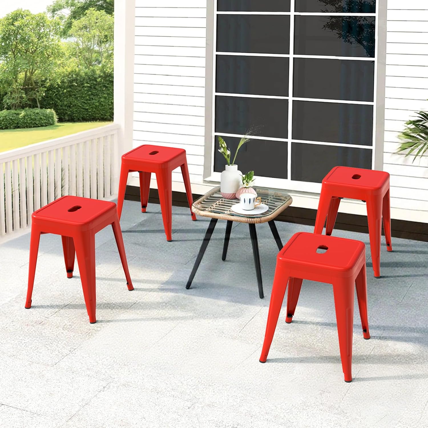Vogue Furniture Direct 18 inch Industrial Metal Bar Stools, Counter Height Industrial Stools, Stackable Backless Design for Kitchen Island, Bar & Patio, Indoor/Outdoor Use (4, Red)