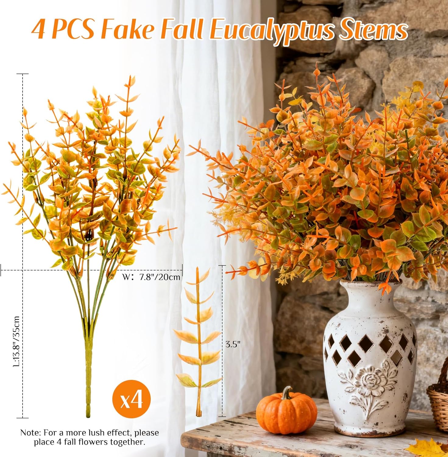 Artificial Fall Flowers for Outdoors - 4PCS Autumn Brown Fake Mums, UV Resistant Fake Eucalyptus Stems for Vase Home Christmas Wedding Party Garden Porch Fall Thanksgiving Decorations - Image 2