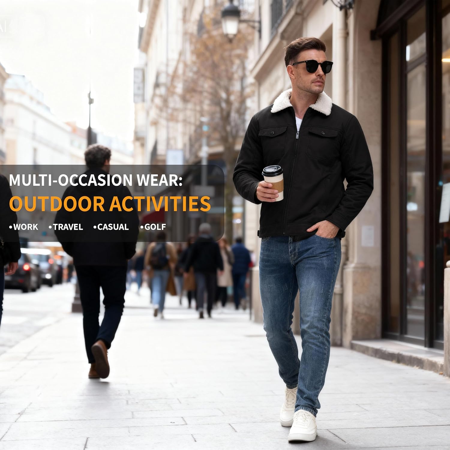 MoFiz Men's Sherpa Lined Cotton Cargo Jacket Turn-down Collar Work Jacket for Men Zip Up Mens Winter Coat with Multi Pockets - Image 6