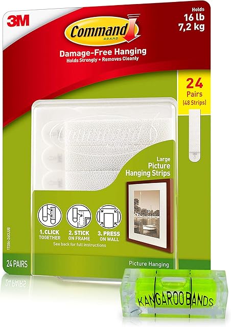 KangarooBands Picture Hanging Kit| Command Picture Strips & Level | 24 Large Pair| Damage-Free Hanging for Small & Large Frames, Photos, Pictures on Walls| No Nail/Hook Damage| Bundled Bubble Level