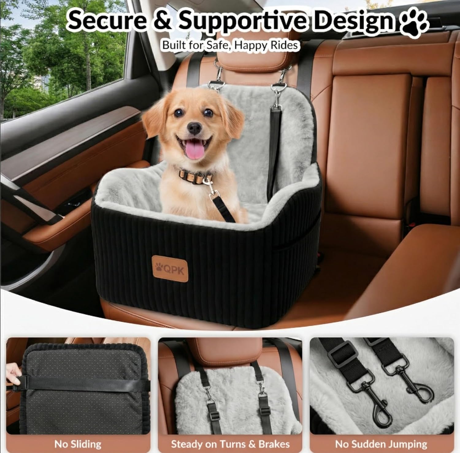 Dog Booster Car Seat for Small & Medium Dogs Up to 35 lbs, 6" Elevated Pet Car Seat with Safety Leash, Soft Plush Cushion, Non-Slip Bottom, Fits Front & Back Seat, Washable Cover