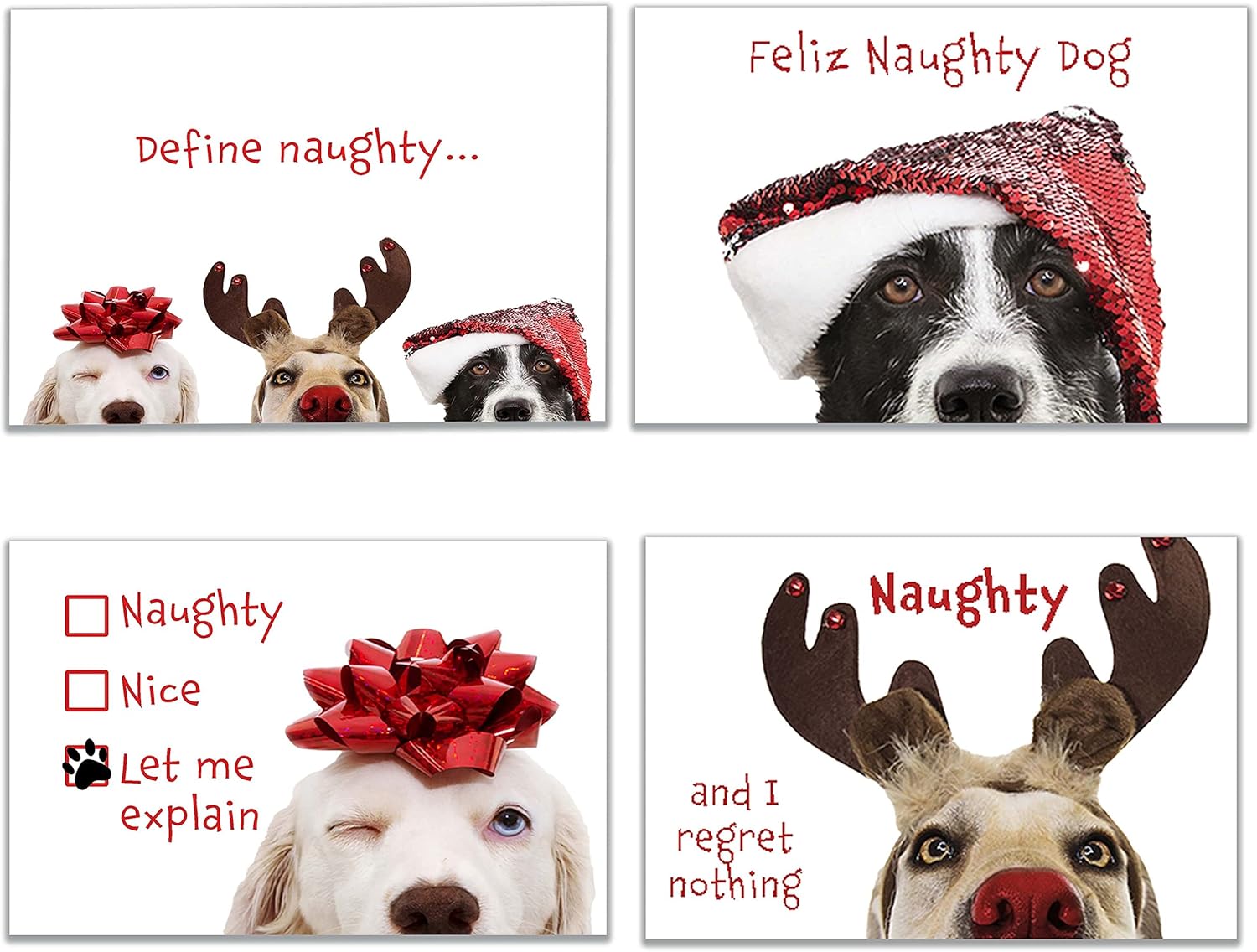 Allynn's 20 Funny Naughty Dog Christmas Cards, Boxed with Envelopes, 10 Define Naughty and 10 Feliz Naughty Dog cards (Variety Pack)