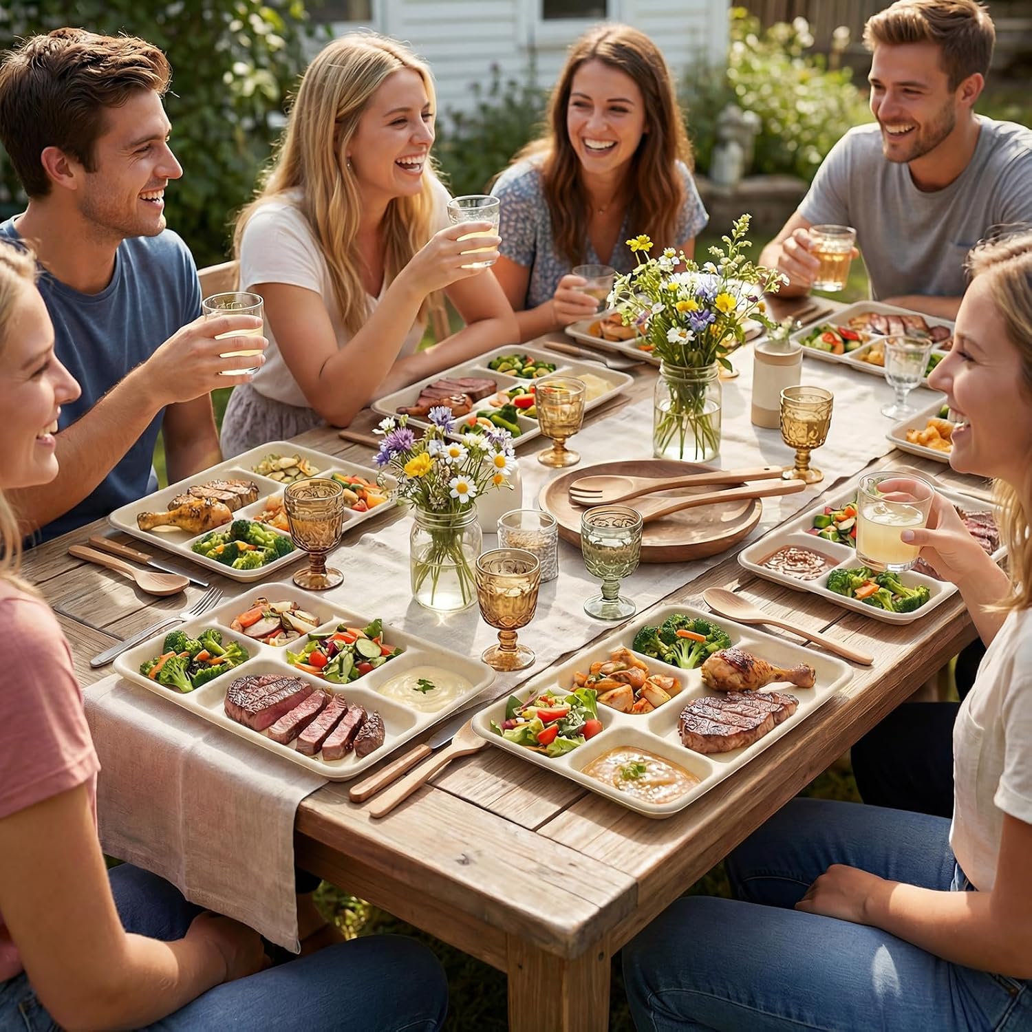 SUT SUT100% Compostable 5 Compartment Plates, 100 Pack Disposable Paper Plates 12.5×8.6 Inch, PFAS Free & BPA Safe Biodegradable Party Platters for Daily Meals, Events & Catering