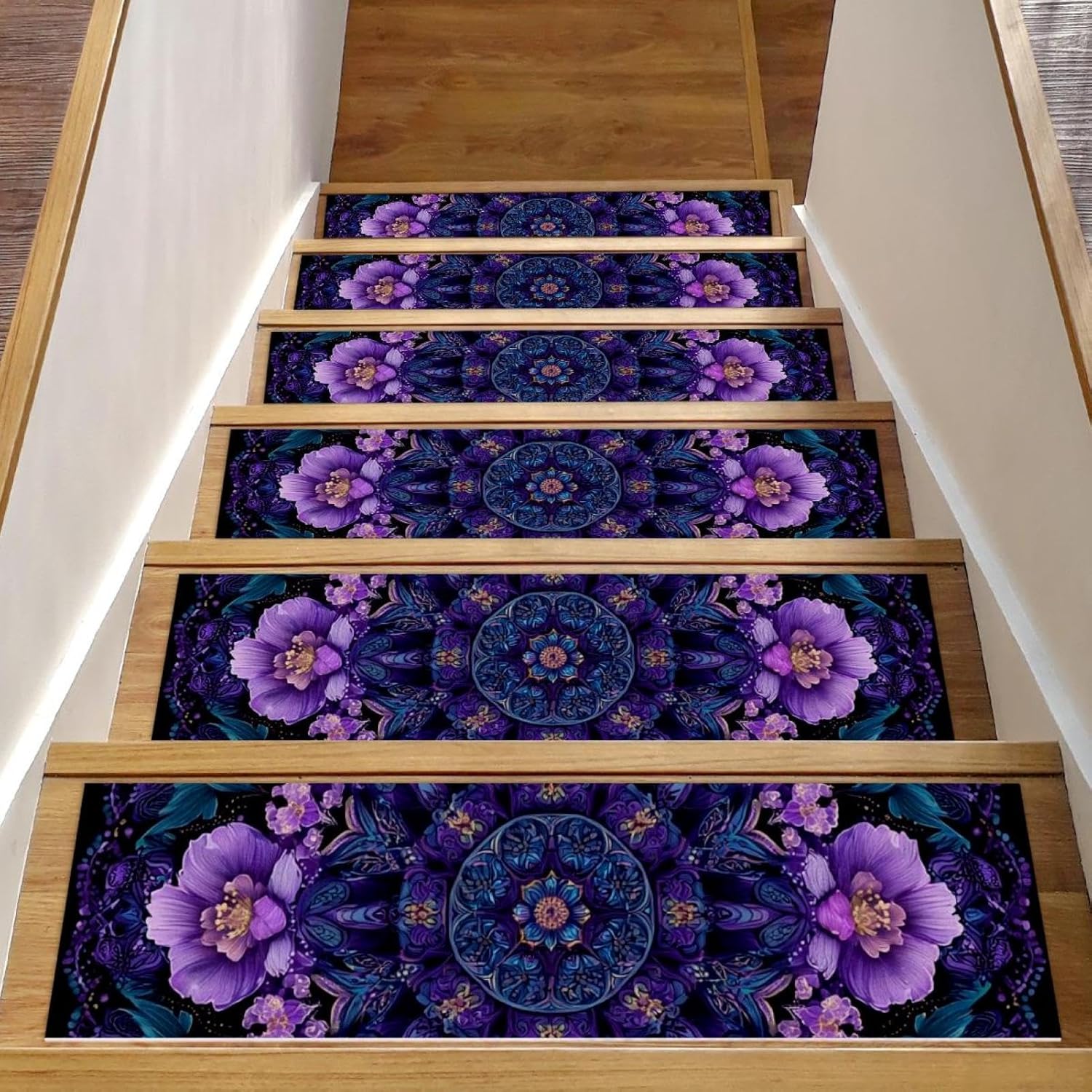 15 Pack Stair Treads for Wooden Steps, Purple Round Hipple Mandala Floral Flowe (2) Staircase Step Treads Carpet Mat, Stair Mats for Pets Dogs Elders 8x30In