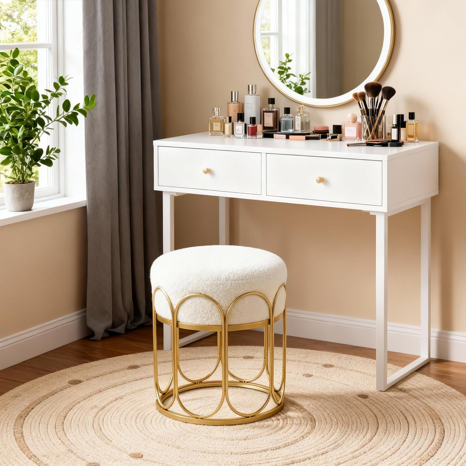 Already Installed Modern Gold metal Round Vanity Stool - White Sherpa Ottoman & Gold Frame Pouf, 17.7" Boucle Fuzzy Foot Rest for Bedroom Makeup, Small Plush Mid Century Chair (300lbs Capacity)
