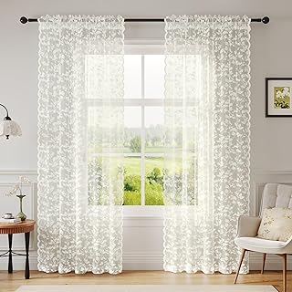 Ivory Lace Sheer Curtains 84 inches Long – Vintage Leaves Pattern Lace f...