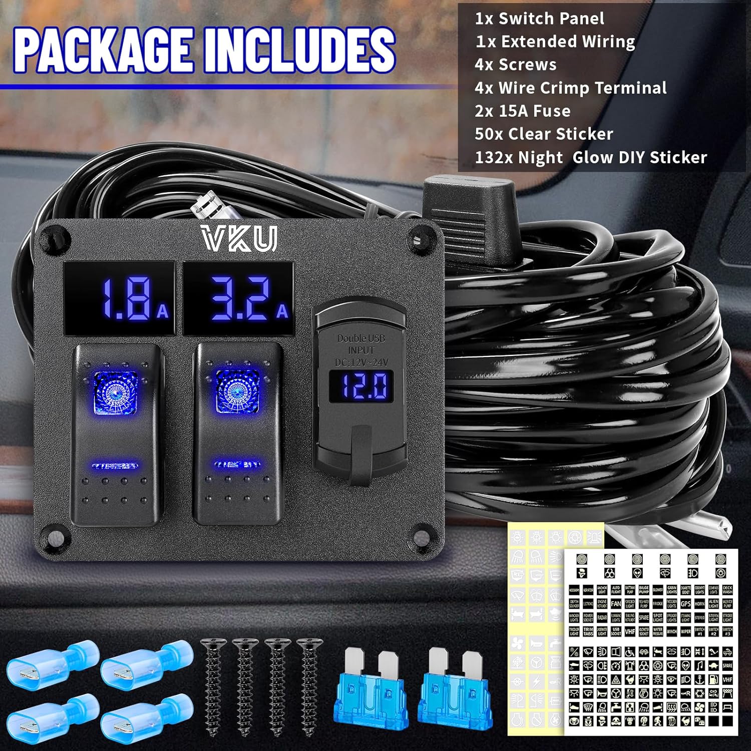 Light Bar Wiring Harness Kit and 2 Gang Rocker Switch Panel with Ammeter and Voltmeter 4.8A Dual USB Charger Socket 12V 24V DC Aluminum Switches Panel for RV Cars Marine Boats ATVs Trailers