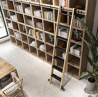 DIYHD 96" Unfinished Pine Wood Sliding Library Ladder with Metal Step Rolling Ladder
