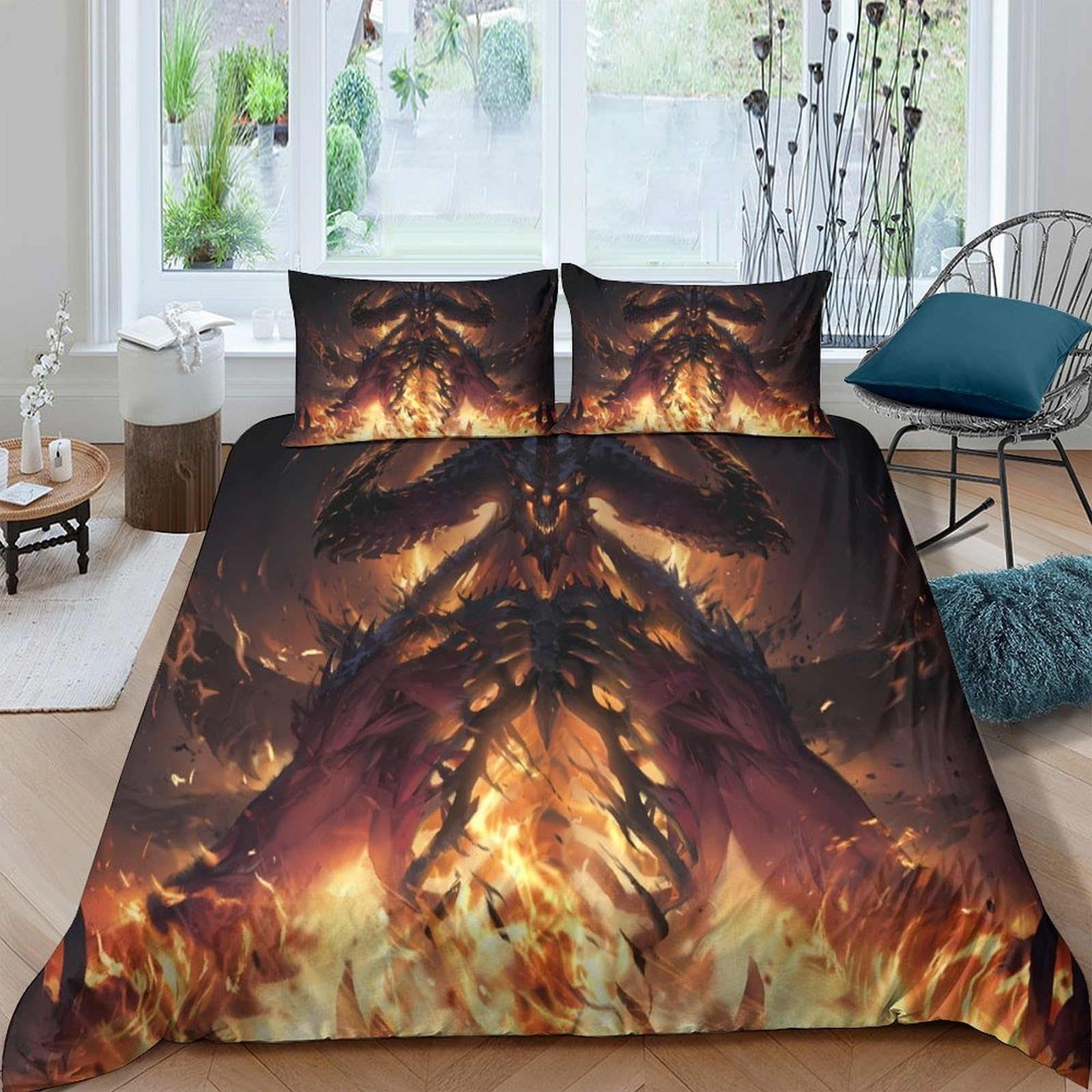 GPLZQXKJNH 3D Printed Fire Dragon Duvet Cover Microfiber Soft Breathable Lava Flame Bedding Set with 2 Pillowcases for Bedroom Decor Single（135x200cm）