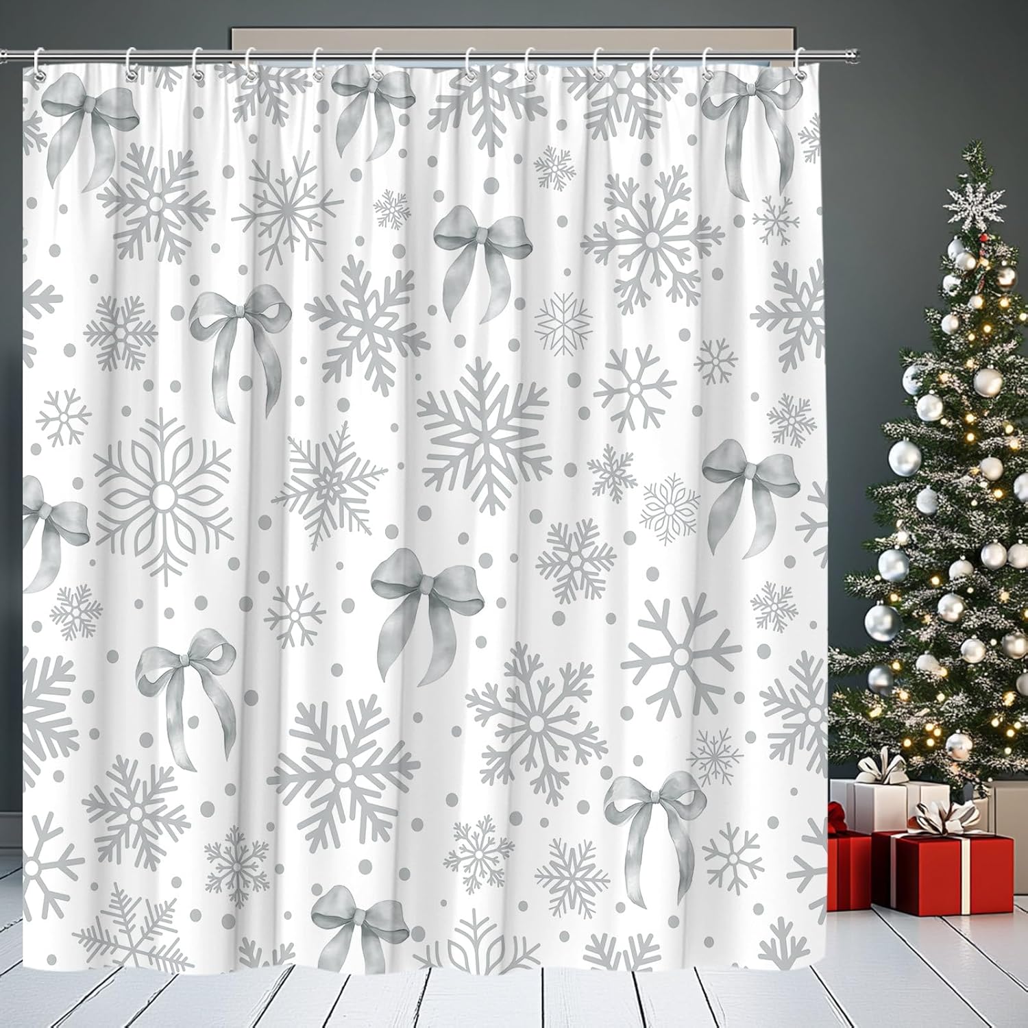 Snowflake Bow Shower Curtain Grey Christmas Winter Holiday Cute Girly Aesthetic Polyester Fabric Bathroom Decor Set with Hooks(70" Wx84 H)